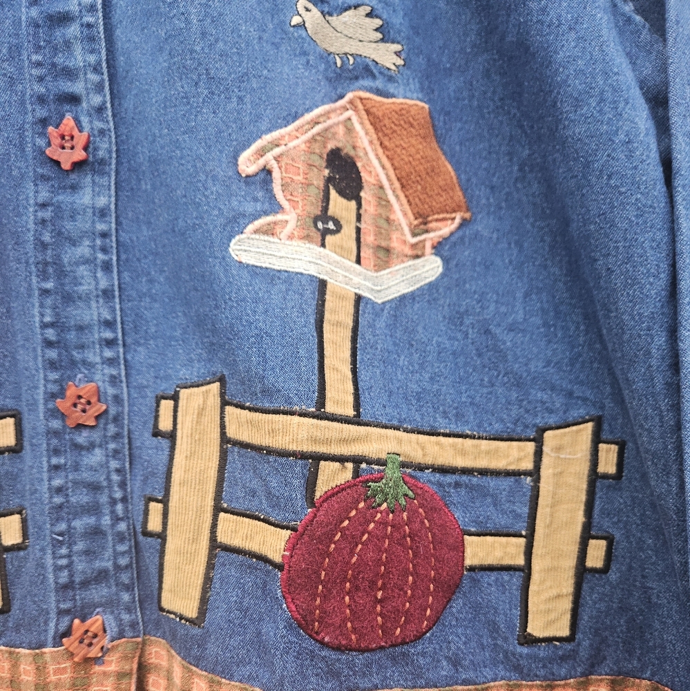 DRESS BARN | Scarecrow Pumpkins Fall Harvest Denim Button Up Shirt Sz XL - Picture 8 of 14